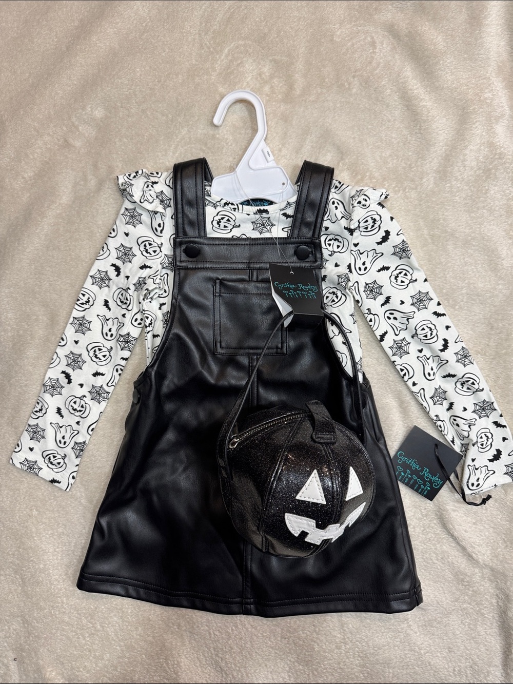 Cynthia Rowley Black Faux Leather Pinafore with White Halloween Tee
